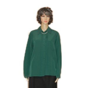YVES ST. CLAIR Vintage LS Blouse  Size 14 ~ Dark Green w/ Eyelet Embroidery
